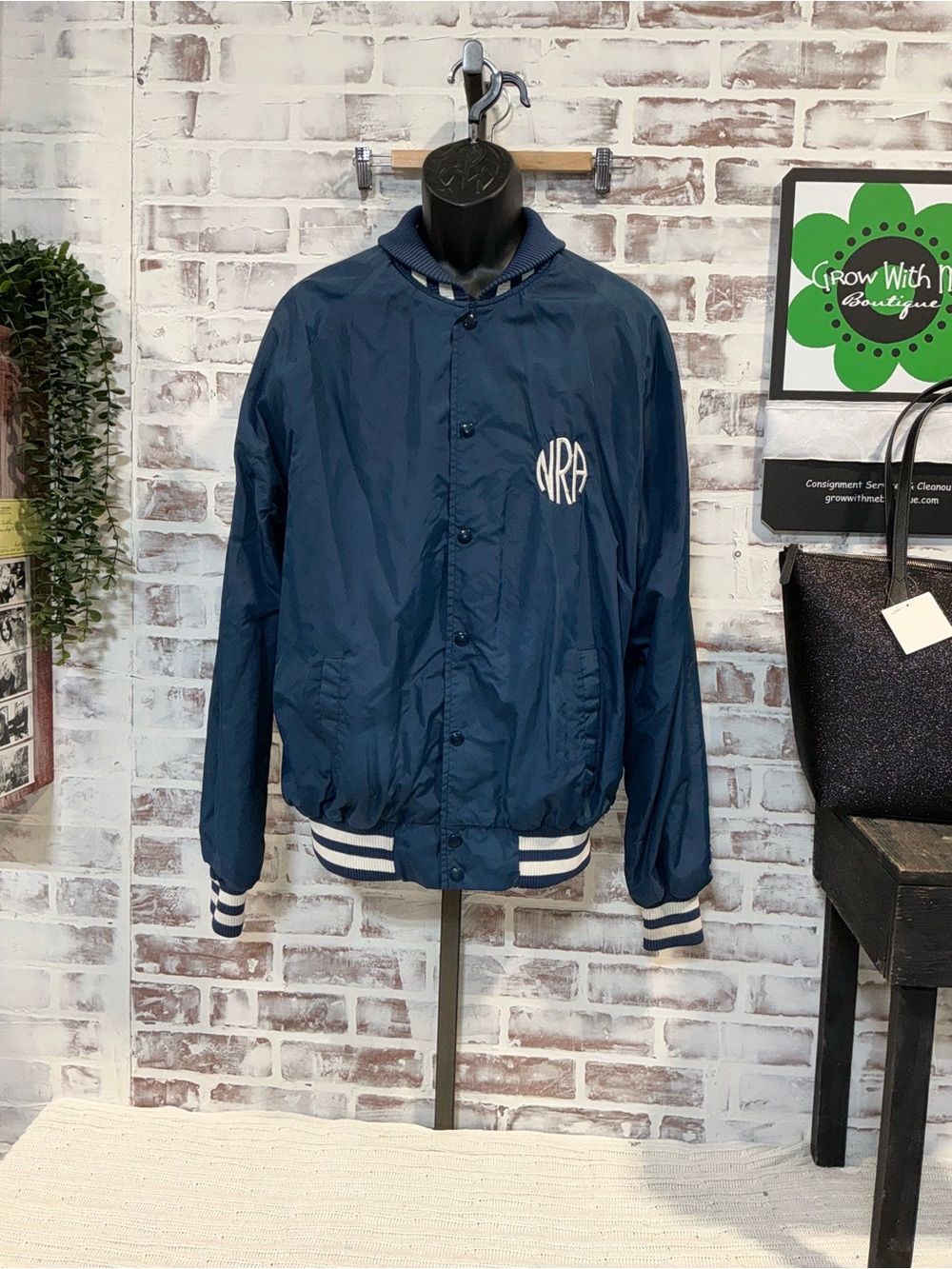 Champion vintage Navy Bomber Jacket with White Stripe Trim NRA